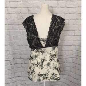 Work To Weekend Vintage Inspired Blouse Lace Trim Toile Print Sz 10  Black White